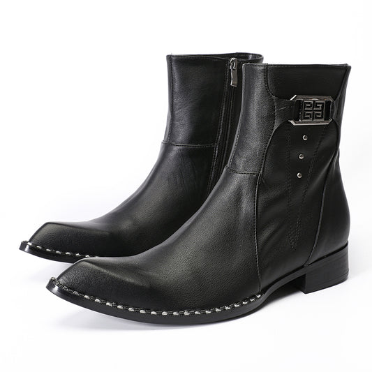 Mens Top-Grain Leather Side Zip Western Cowboy Ankle  Boots