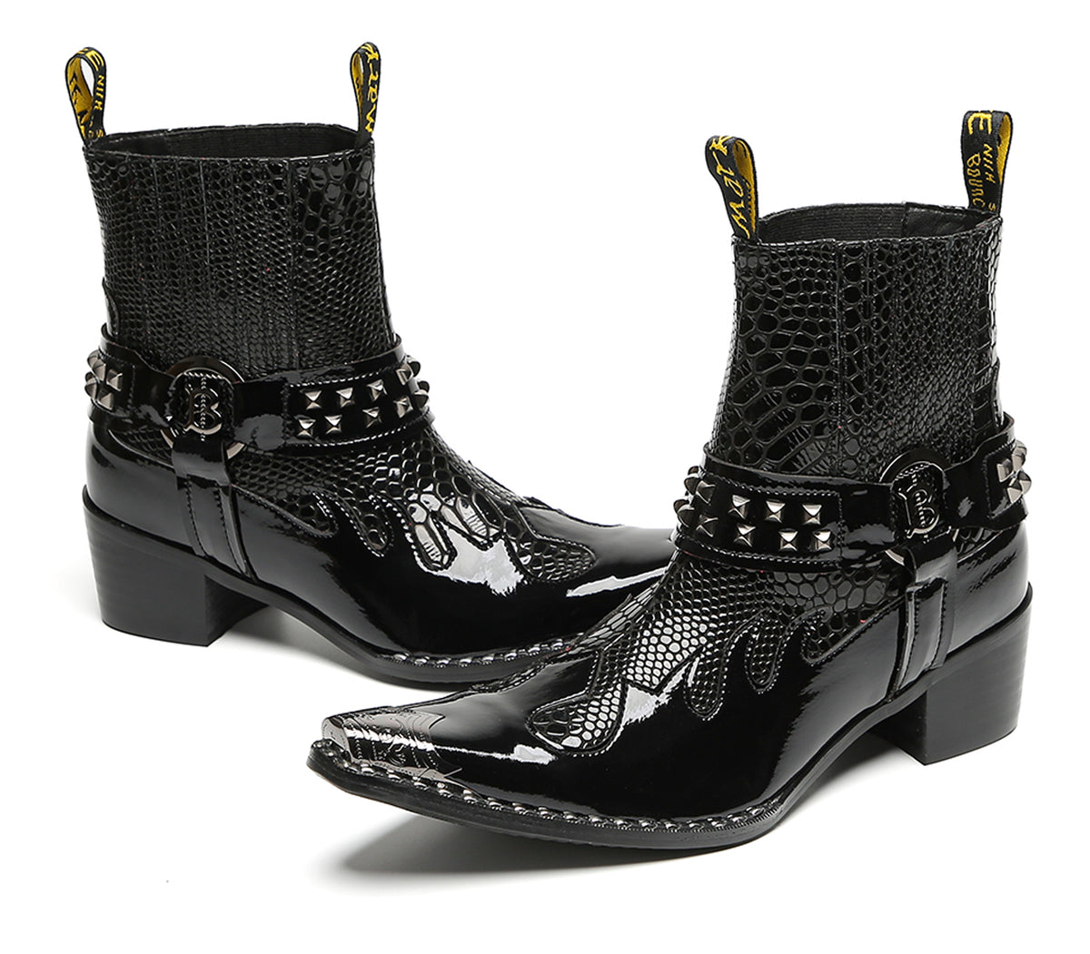 Mens Studded Snake Pattern Leather Cowboy Western Chelsea Boots