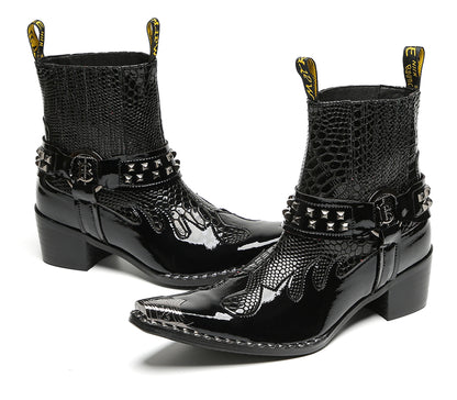 Mens Studded Snake Pattern Leather Cowboy Western Chelsea Boots