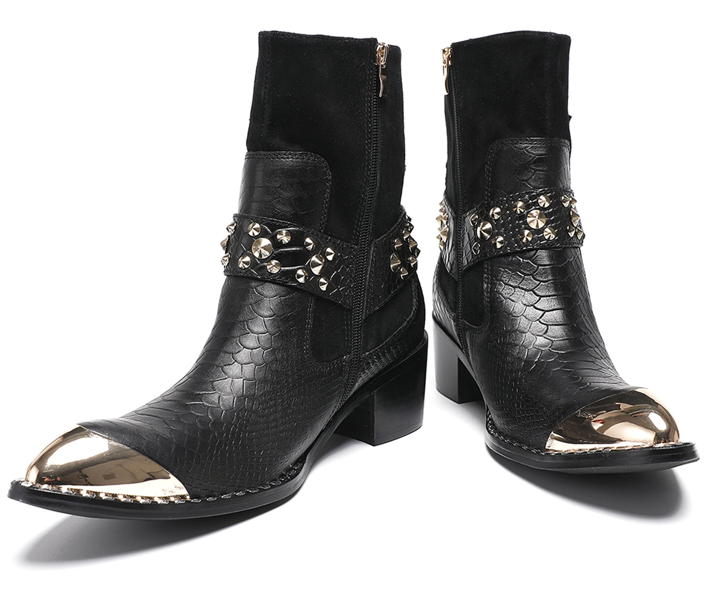 Mens Top-Grain Leather Studded Skull Buckle Punk Cowboy Western Boots