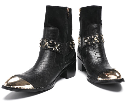 Mens Top-Grain Leather Studded Skull Buckle Punk Cowboy Western Boots