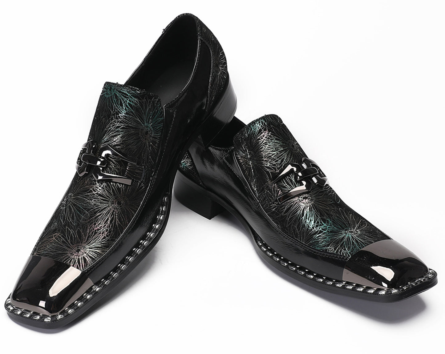 Mens Genuine Leather Sequin Metal Square Toe Western Loafers