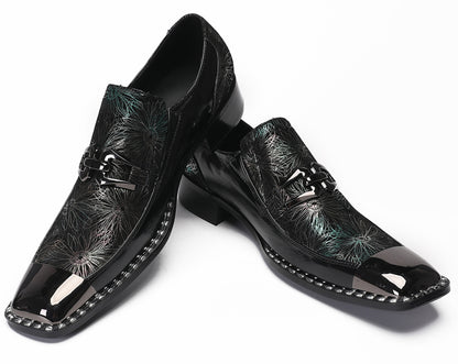 Mens Genuine Leather Sequin Metal Square Toe Western Loafers