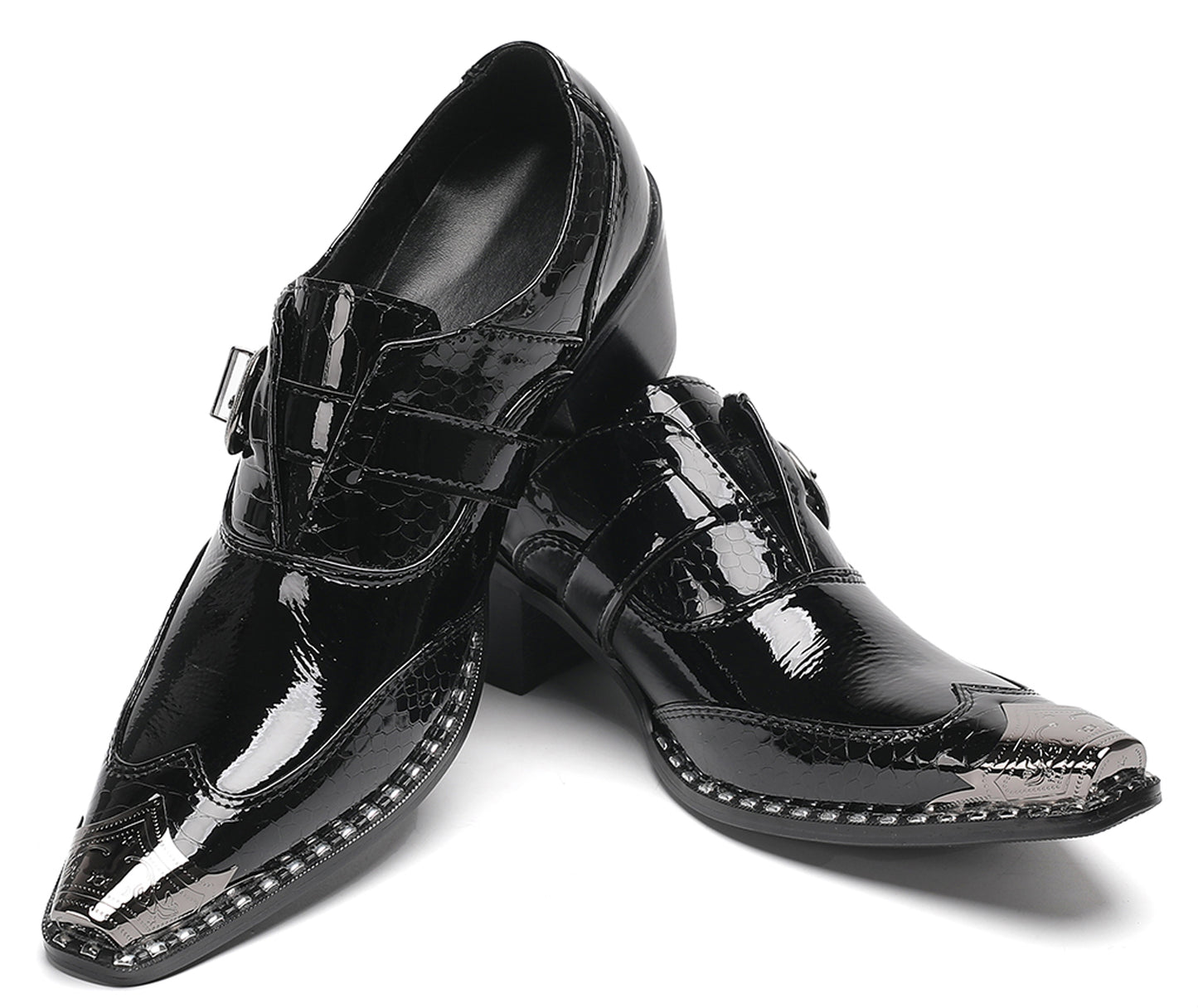 Mens Black Glossy Leather Buckle Detail Dress Western Loafers