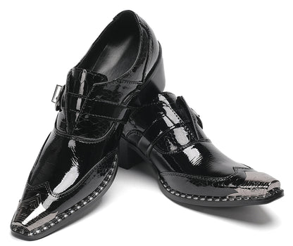 Mens Black Glossy Leather Buckle Detail Dress Western Loafers