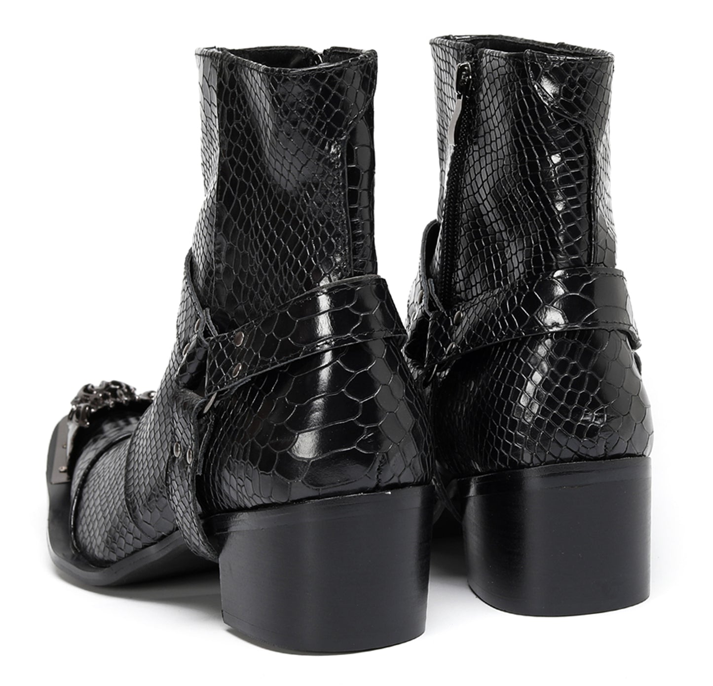 Mens Black Crocodile Print Metal Lion Head Cowboy Western Boots