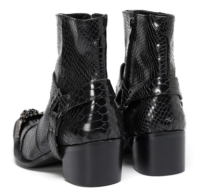 Mens Black Crocodile Print Metal Lion Head Cowboy Western Boots