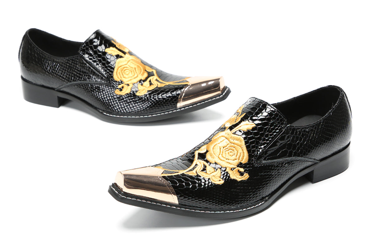 Mens Embroidered Gold Metal Toe Dress Western Loafers