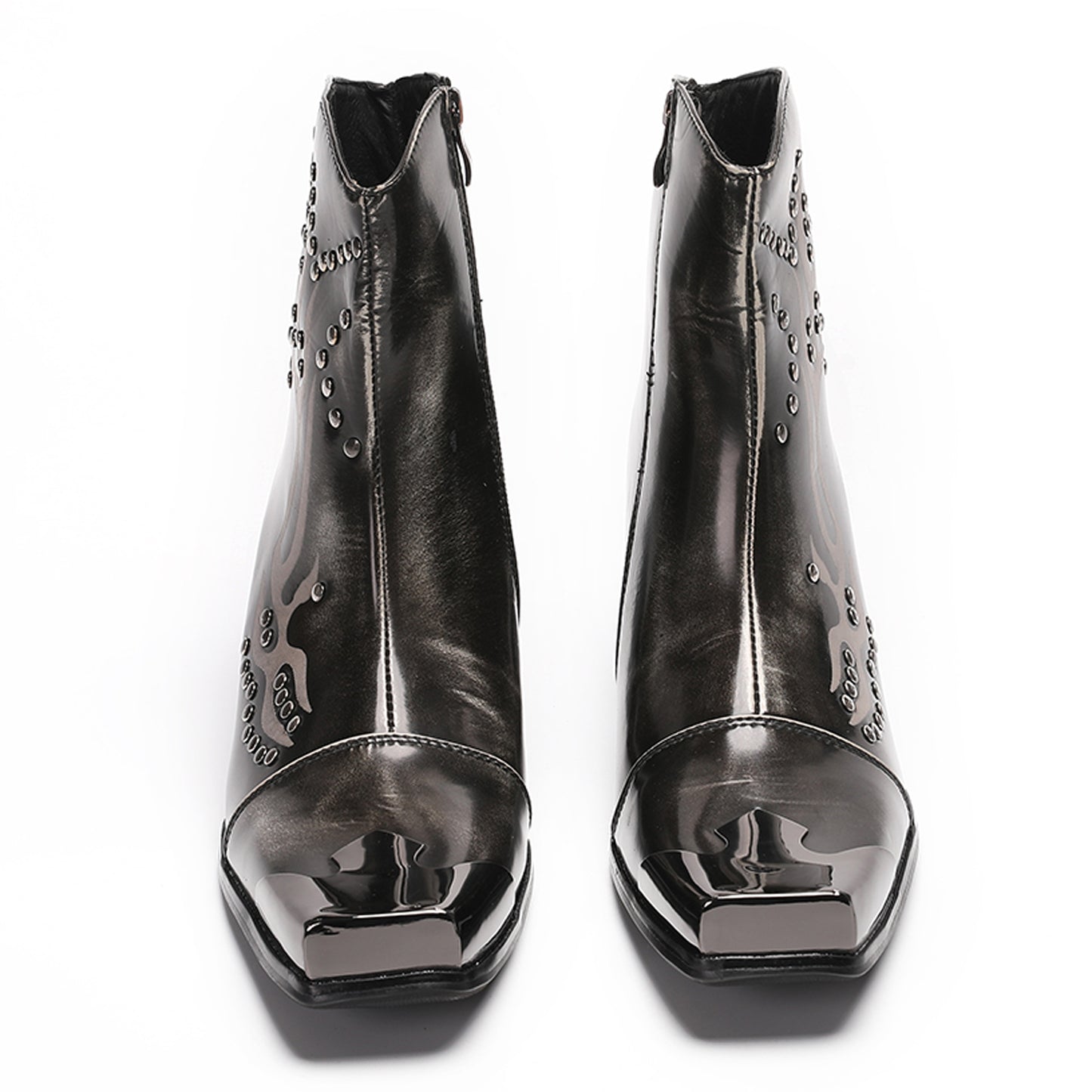 Mens Leather Metal Square Toe Flame Studded Dress Ankle Western Boots