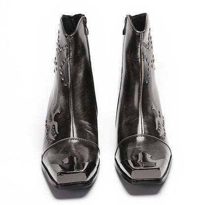Mens Leather Metal Square Toe Flame Studded Dress Ankle Western Boots