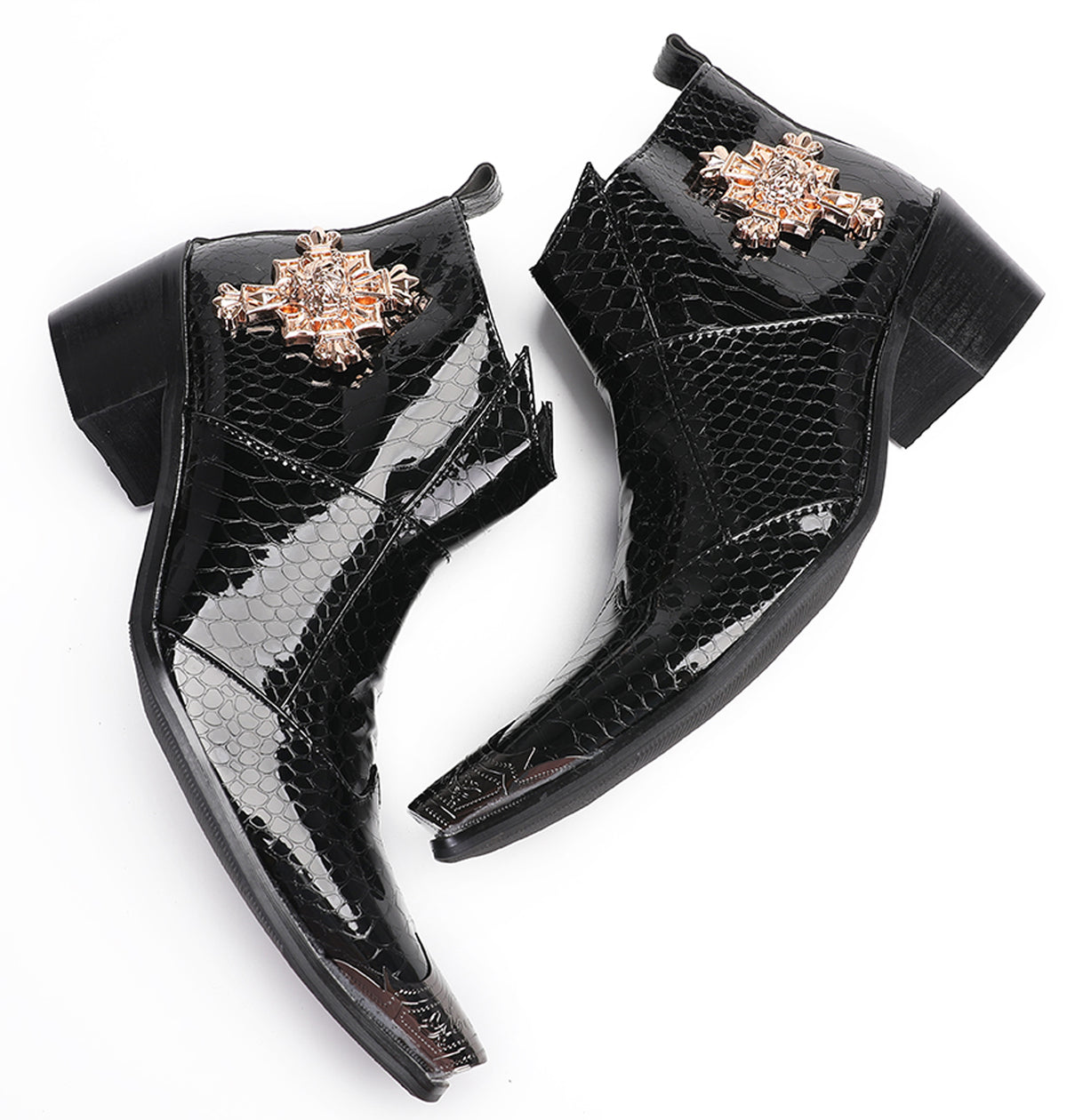 Mens Genuine Leather Snakeskin Pattern Metal Toe Zipper Ankle Western Boots