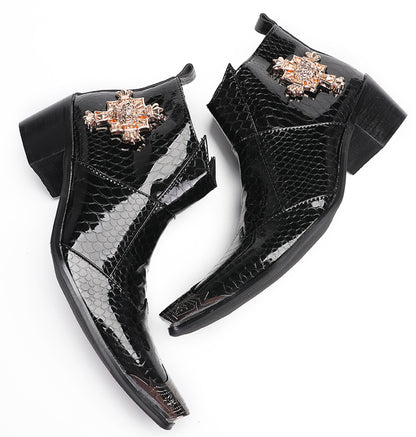 Mens Genuine Leather Snakeskin Pattern Metal Toe Zipper Ankle Western Boots