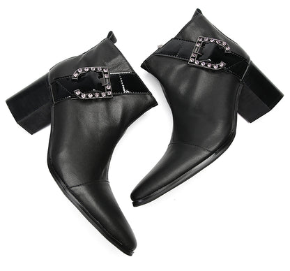 Mens Genunie Leather Beaded Buckle Heel Ankle Boots