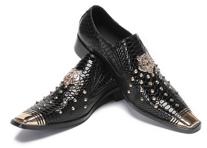 Mens Genuine Leather Snake Skin Texture Gold Glitter Beaded Western Loafers