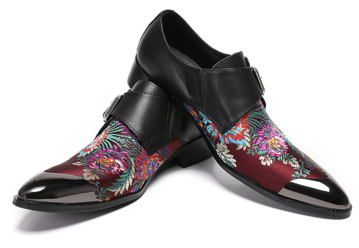 Mens Flower Embroidery Two-Tone Monk Strap Western Loafers