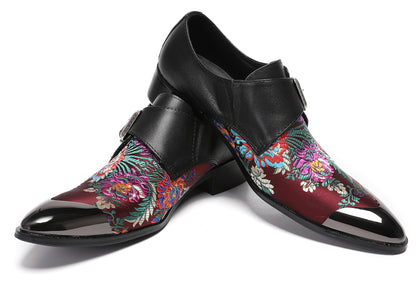 Mens Flower Embroidery Two-Tone Monk Strap Western Loafers