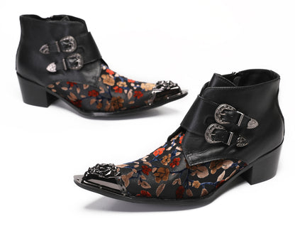 Mens Metal Pointed Toe Leather Fashion Zippe Ankle Western Boots