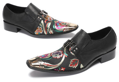 Mens Genuine Leather Slip On Buckle Floral Embroidery Western Loafers