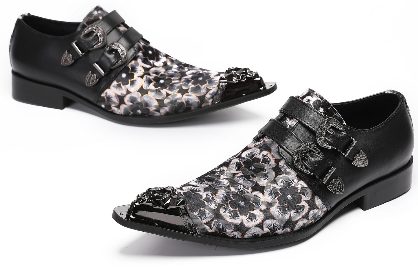 Mens Double Buckle Flower Embroidery Two-Tone Western Loafers