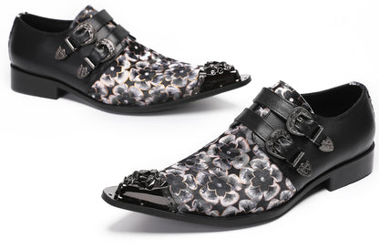 Mens Double Buckle Flower Embroidery Two-Tone Western Loafers