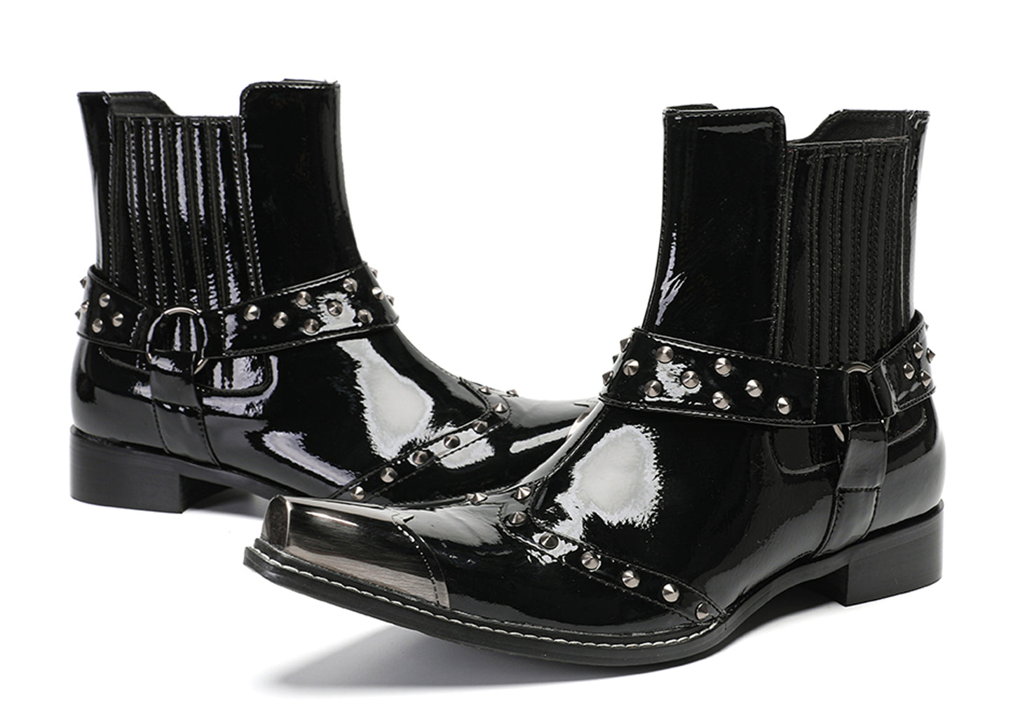 Mens Top-Grain Leather Studded Strap & Side Zipper Cowboy Western Boots