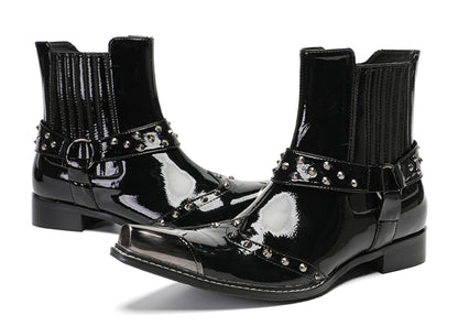 Mens Top-Grain Leather Studded Strap & Side Zipper Cowboy Western Boots
