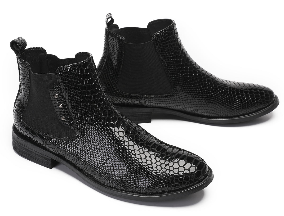 Mens Snakeskin Pattern Genuine Leather Zipper Beads Ankles Boots