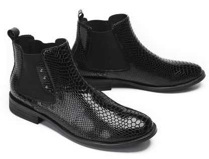 Mens Snakeskin Pattern Genuine Leather Zipper Beads Ankles Boots