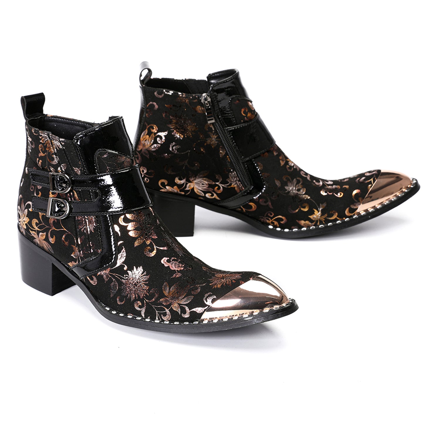 Mens Floral Leather Metal Pointed Toe Buckle Ankle Western Boots