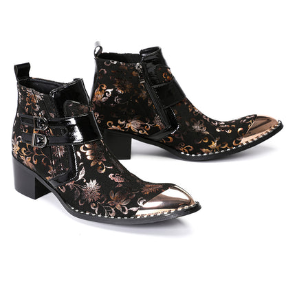 Mens Floral Leather Metal Pointed Toe Buckle Ankle Western Boots