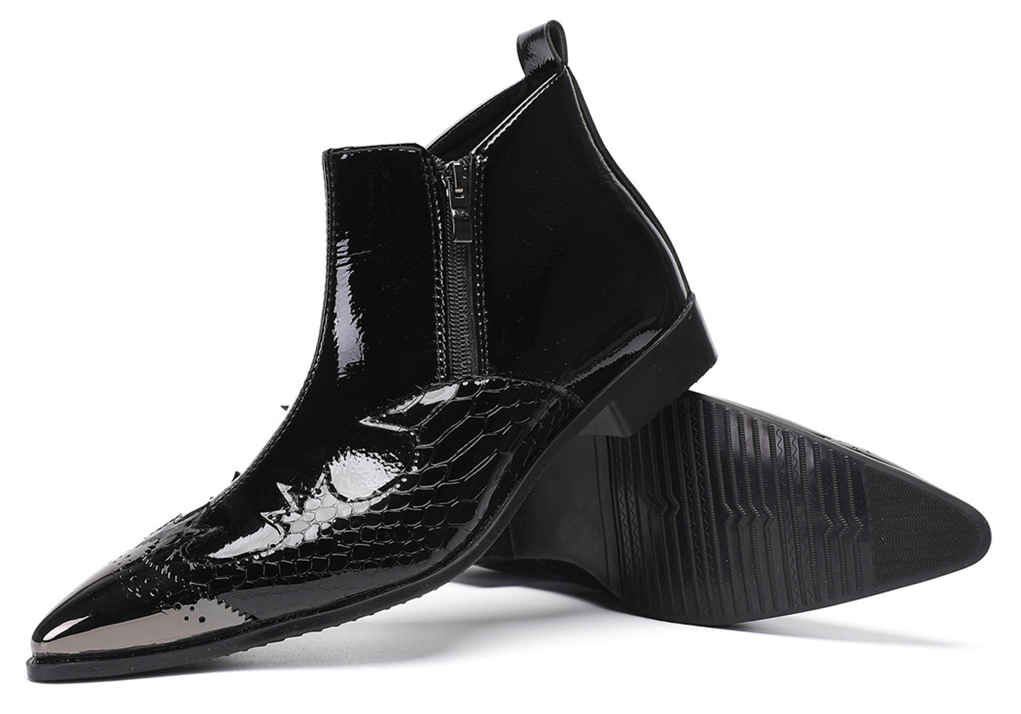 Mens Glossy Patent Leather Double Zipper Ankle Western Boots