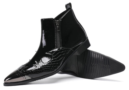 Mens Glossy Patent Leather Double Zipper Ankle Western Boots