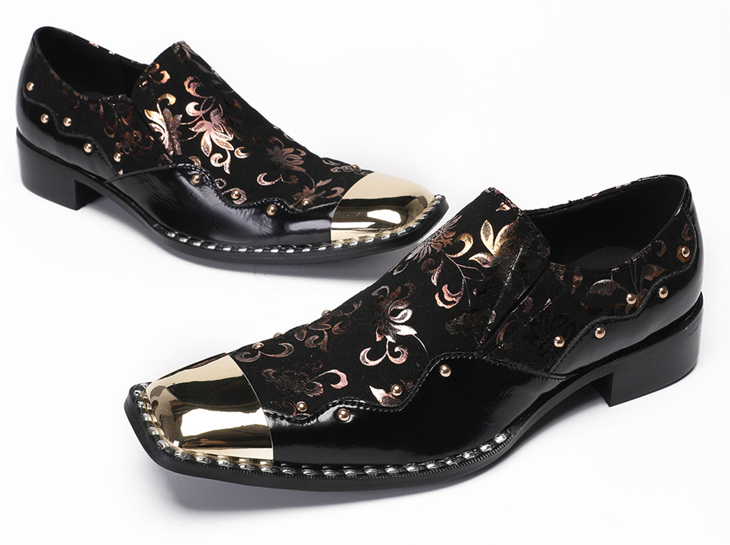 Mens Genuine Leather Gold Beads Metal Square Toe Western Loafers