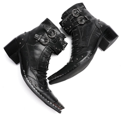 Mens Genuine Leather Metal Toe Buckles Zipper Cowboy Western Boots