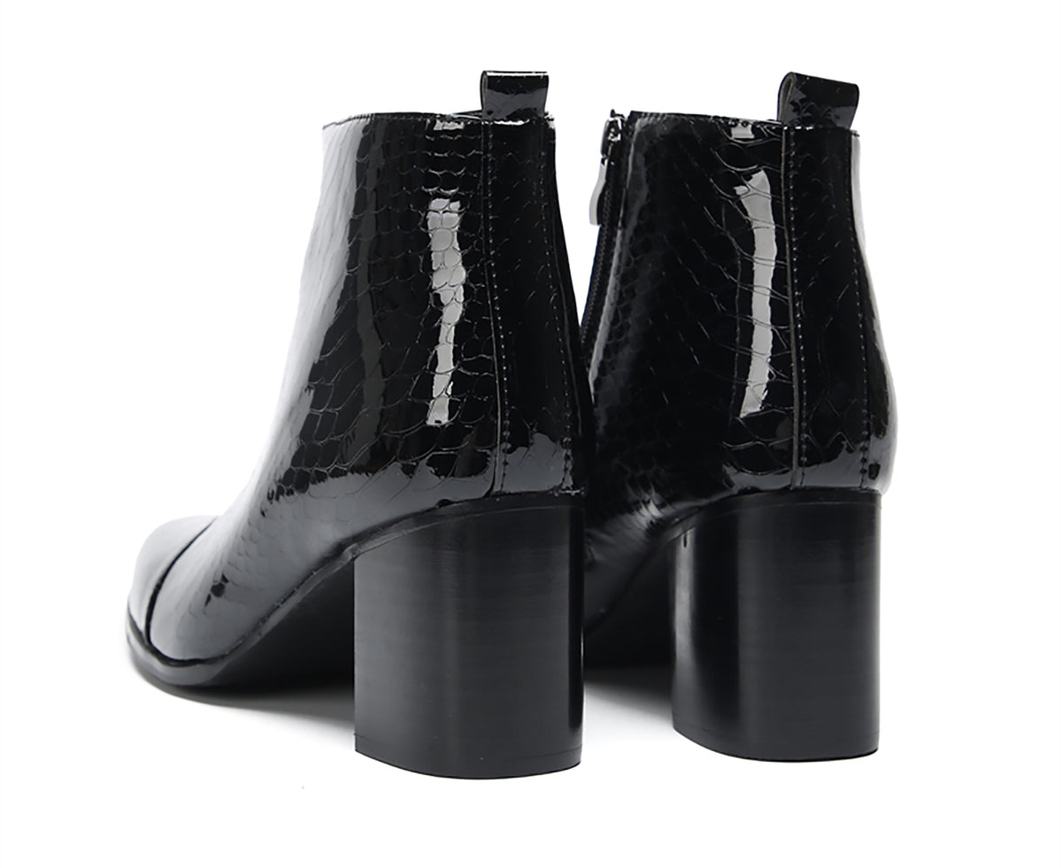 Mens Black Glossy Patent Leather Snake Print Block Heel Ankle Boots