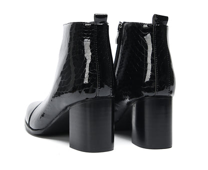 Mens Black Glossy Patent Leather Snake Print Block Heel Ankle Boots
