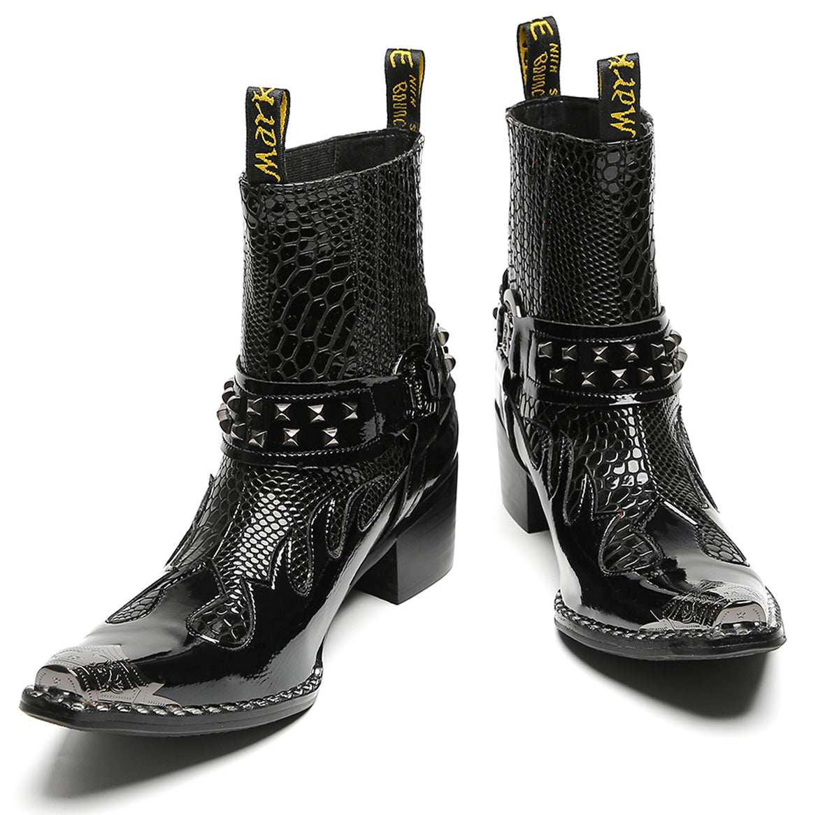 Mens Studded Snake Pattern Leather Cowboy Western Chelsea Boots