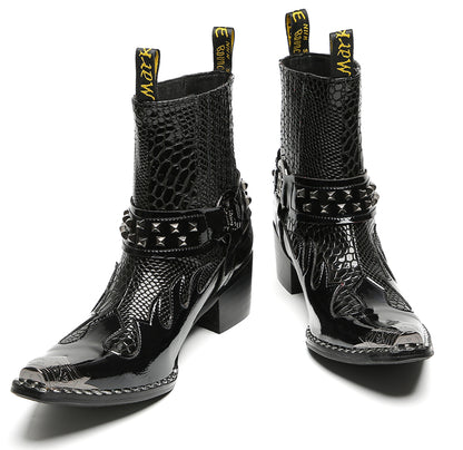 Mens Studded Snake Pattern Leather Cowboy Western Chelsea Boots