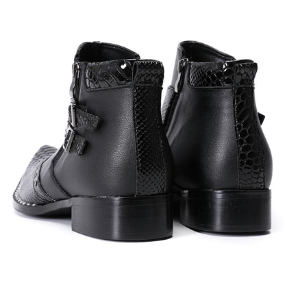 Mens Top-Grain Leather Pointed Toe Buckle Western Cowboy Ankle Boots