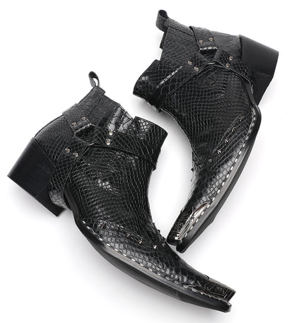 Mens Metallic Detail Snakeskin Abstract Print Ankle Western Boots