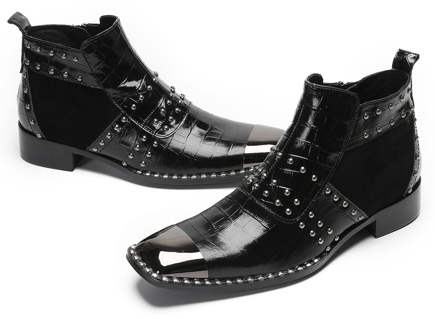Mens Genuine Leather Metal Square Toe Side Zipper Beads Plaid Ankle Western Boots