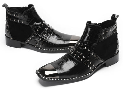 Mens Genuine Leather Metal Square Toe Side Zipper Beads Plaid Ankle Western Boots