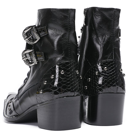 Mens Genuine Leather Metal Pointed Toe Belt Buckles Cowboy Western Boots