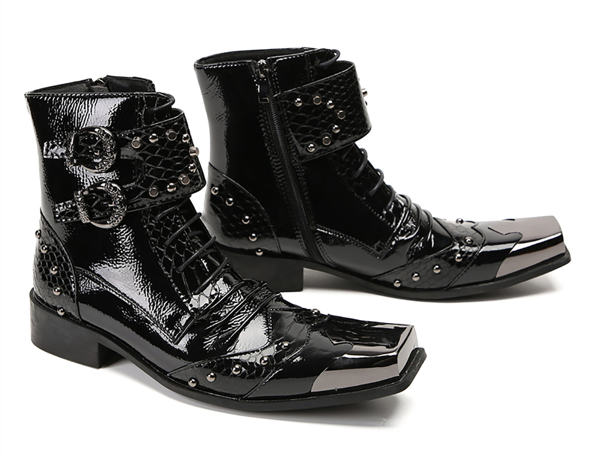 Mens Metal Square Toe Zipper Buckles Cowboy Western Boots