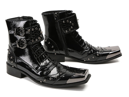 Mens Metal Square Toe Zipper Buckles Cowboy Western Boots