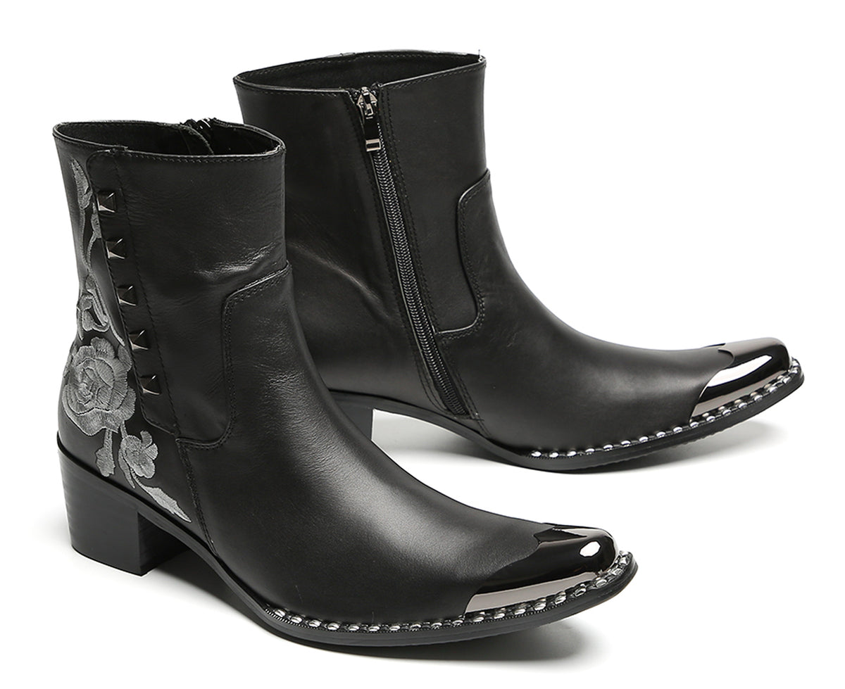 Mens Embroidered Rose Side Zip Metal Toe Cowboy Western Boots