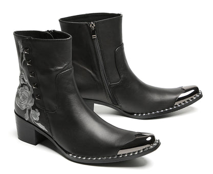 Mens Embroidered Rose Side Zip Metal Toe Cowboy Western Boots