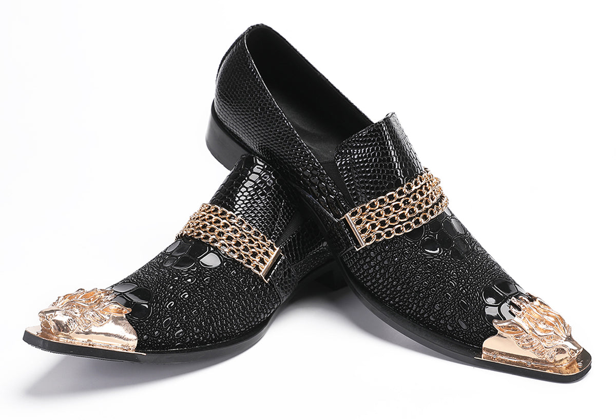 Mens Disco Party Casual Gold Chain Metallic Tip Western Loafers