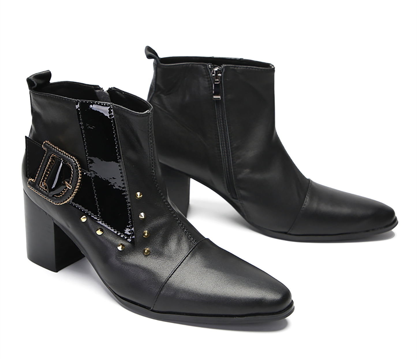 Mens Genunie Leather Zipper D-Buckle On Side Heel Ankle Boots