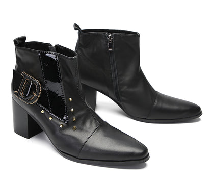Mens Genunie Leather Zipper D-Buckle On Side Heel Ankle Boots